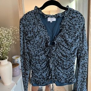 South Moon Under Blue Lace-Front Animal Print Ruffle Blouse